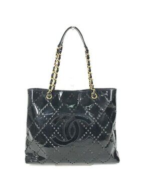 Chanel Shoulder Bag CC Logo Quilted CC Perforated Enamel Black